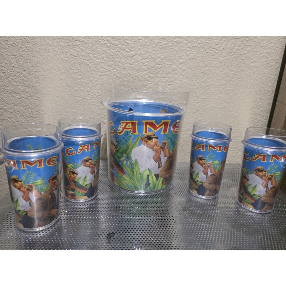 Thermo Serv Joe Camel Glasses & Ice Bucket w/Lid 4 Cups Vintage